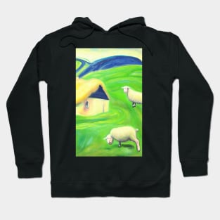 Colourful oil painting of a farm with sheep Hoodie